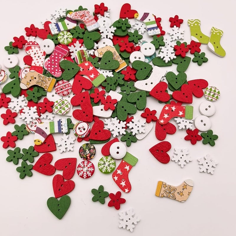 KOVOLALA 100 PCS Christmas Wooden Buttons Assorted Christmas Art Craft Buttons Snowflake Buttonsfor Handmade Project, Mixed Sizes and Styles - Image 2